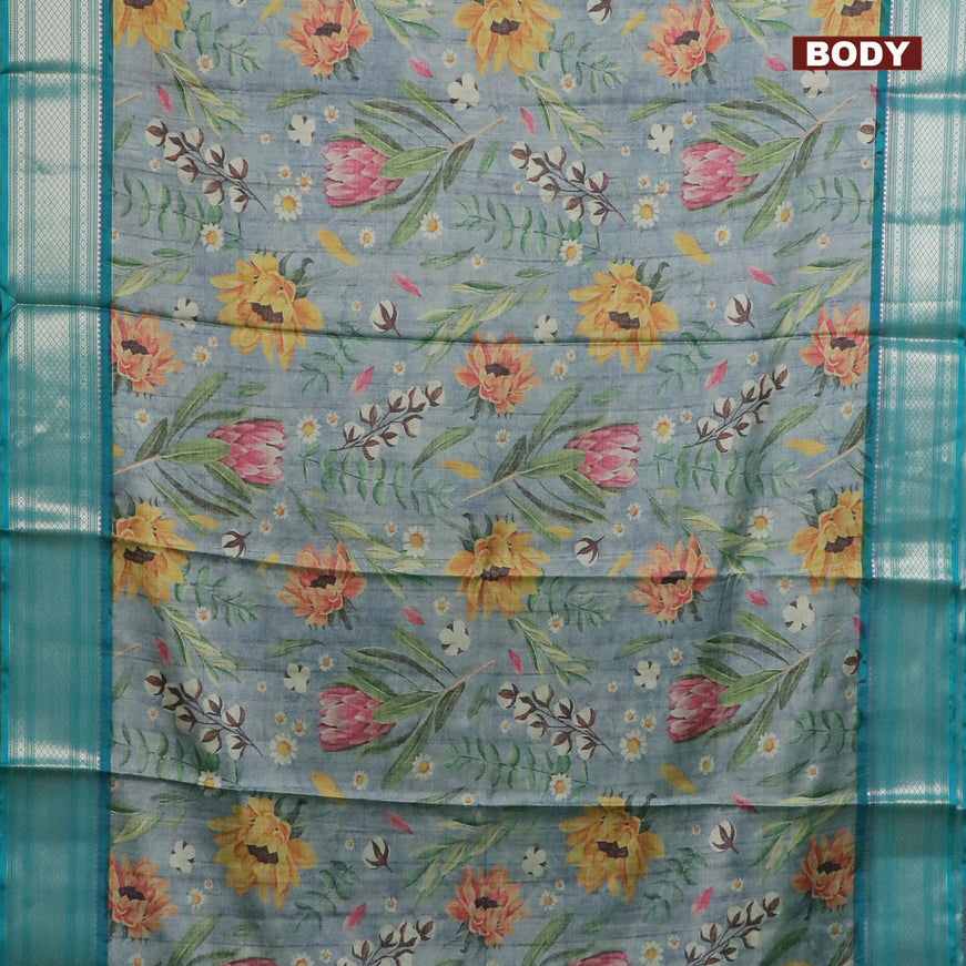 Semi kanchipuram silk saree grey shade and teal green with allover floral digital prints and zari woven border