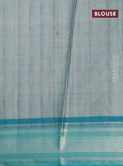 Semi kanchipuram silk saree grey shade and teal green with allover floral digital prints and zari woven border