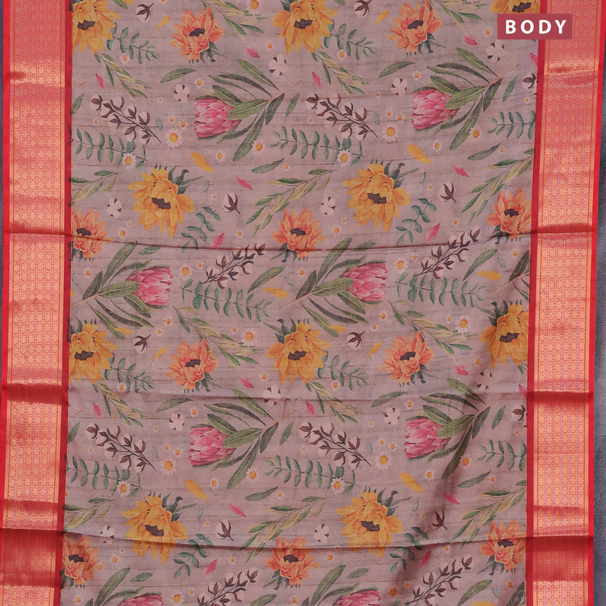 Semi kanchipuram silk saree pastel brown and red with allover floral digital prints and zari woven border