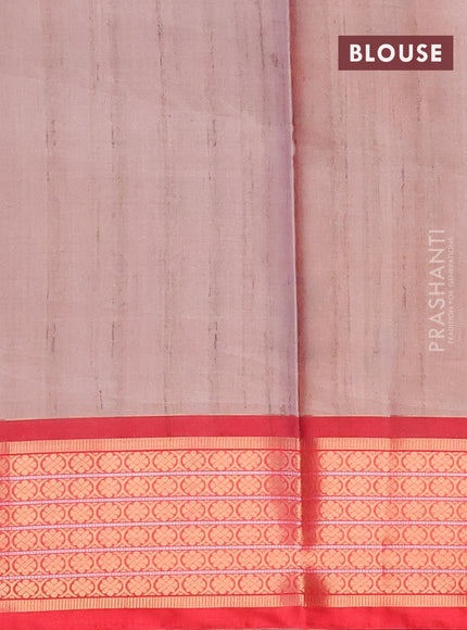 Semi kanchipuram silk saree pastel brown and red with allover floral digital prints and zari woven border