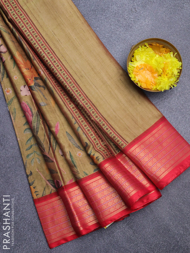 Semi kanchipuram silk saree green shade and red with allover floral digital prints and zari woven border