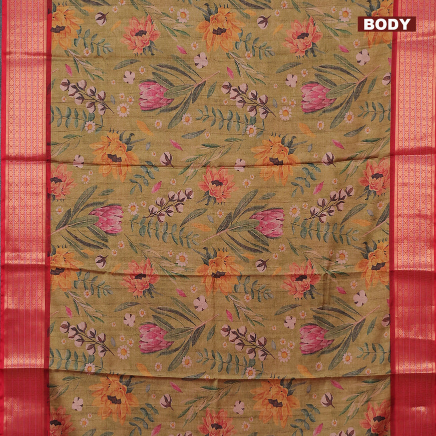 Semi kanchipuram silk saree green shade and red with allover floral digital prints and zari woven border