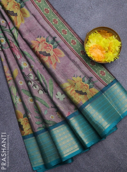 Semi kanchipuram silk saree mild purple and teal green with allover floral digital prints and zari woven border