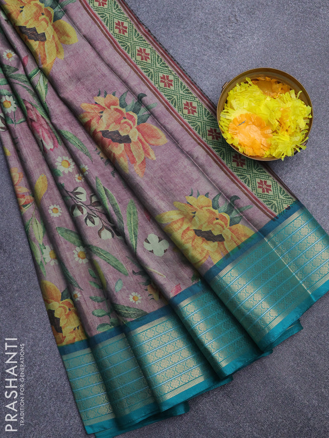 Semi kanchipuram silk saree mild purple and teal green with allover floral digital prints and zari woven border