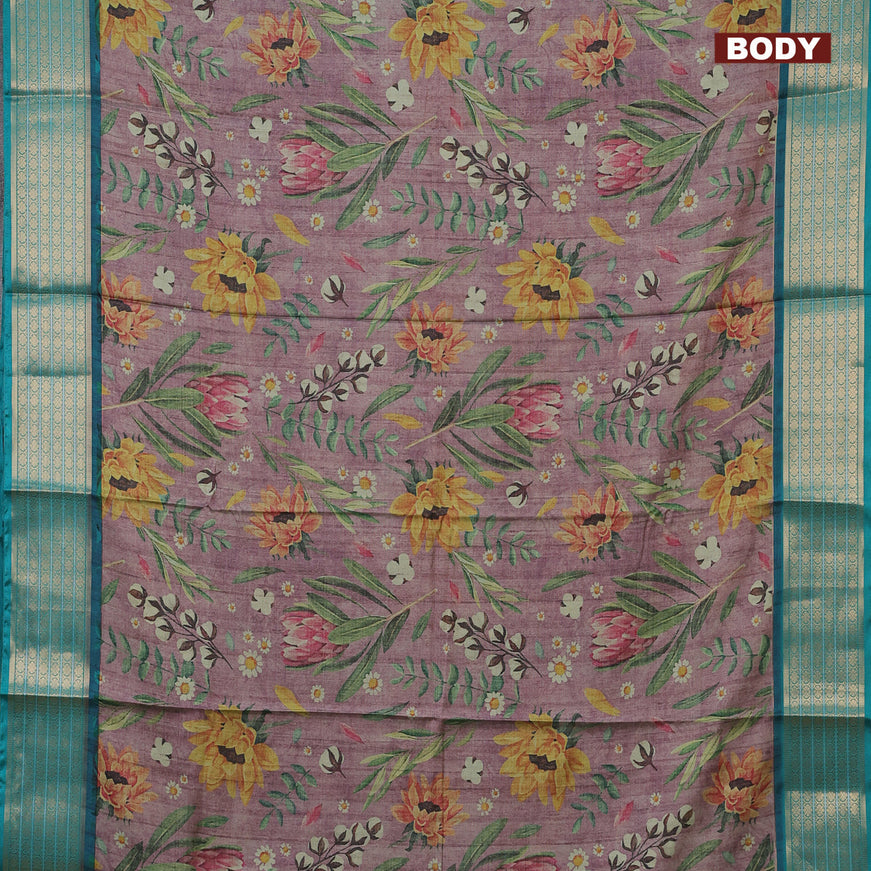 Semi kanchipuram silk saree mild purple and teal green with allover floral digital prints and zari woven border