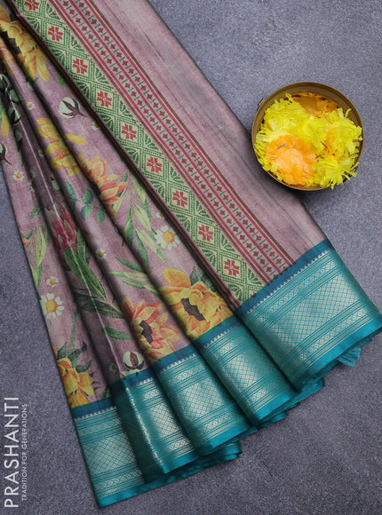 Semi kanchipuram silk saree onion pink shade and teal green with allover floral digital prints and zari woven border