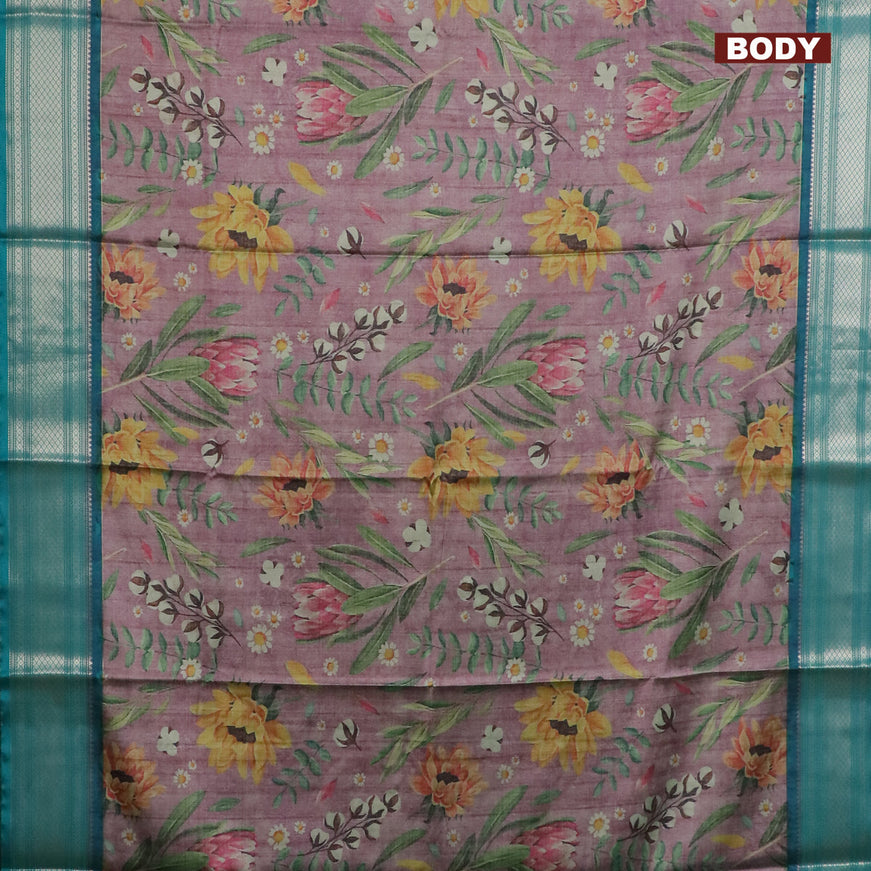 Semi kanchipuram silk saree onion pink shade and teal green with allover floral digital prints and zari woven border