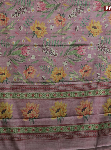 Semi kanchipuram silk saree onion pink shade and teal green with allover floral digital prints and zari woven border