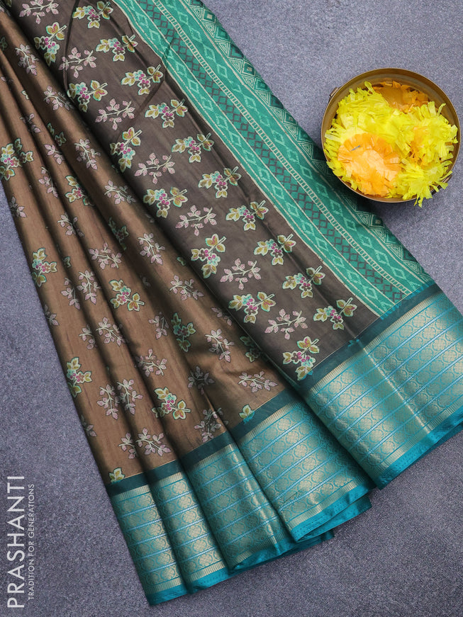 Semi kanchipuram silk saree brown and teal green with allover butta digital prints and zari woven border