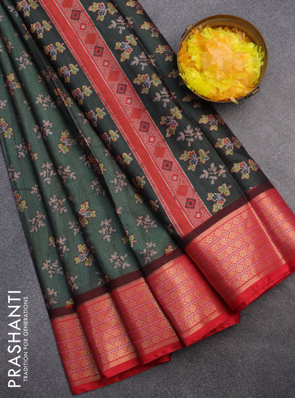 Semi kanchipuram silk saree green shade and red with allover butta digital prints and zari woven border