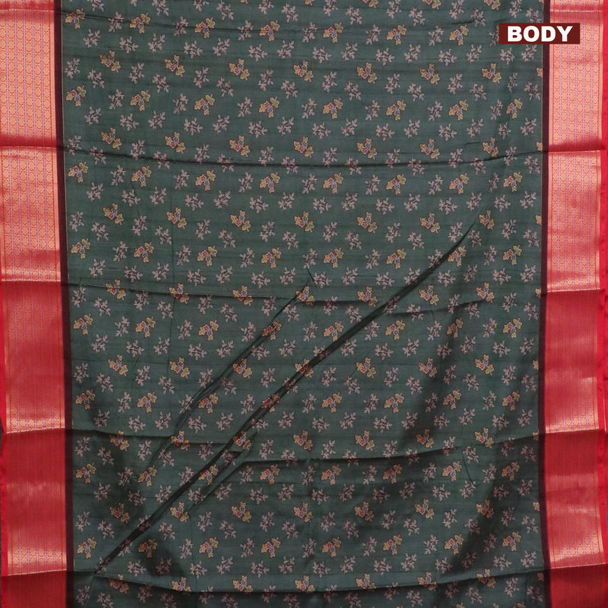 Semi kanchipuram silk saree green shade and red with allover butta digital prints and zari woven border