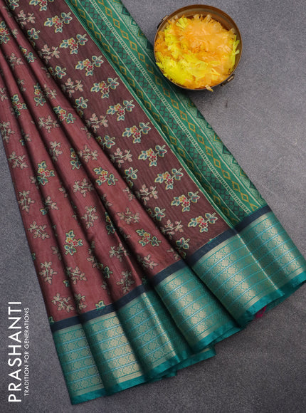 Semi kanchipuram silk saree maroon shade and teal green with allover butta digital prints and zari woven border