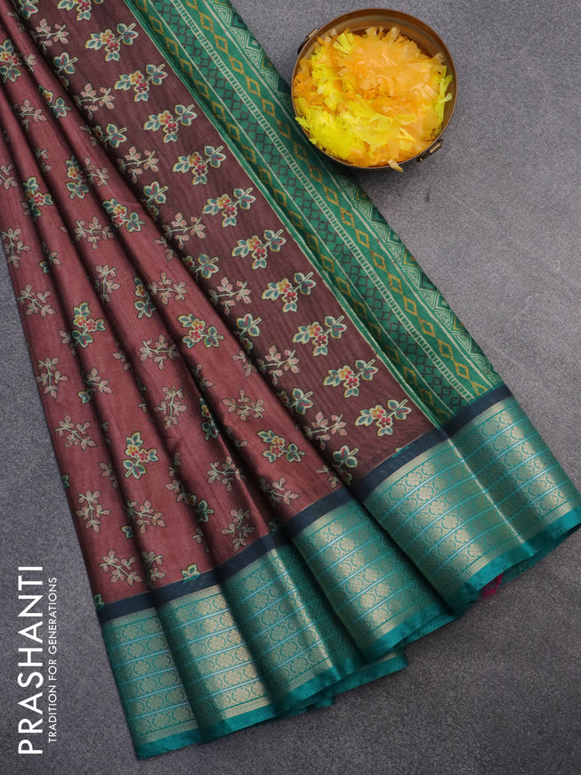 Semi kanchipuram silk saree maroon shade and teal green with allover butta digital prints and zari woven border