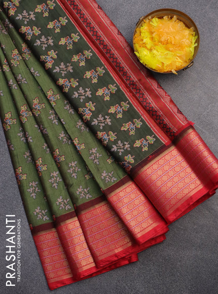 Semi kanchipuram silk saree green and red with allover butta digital prints and zari woven border