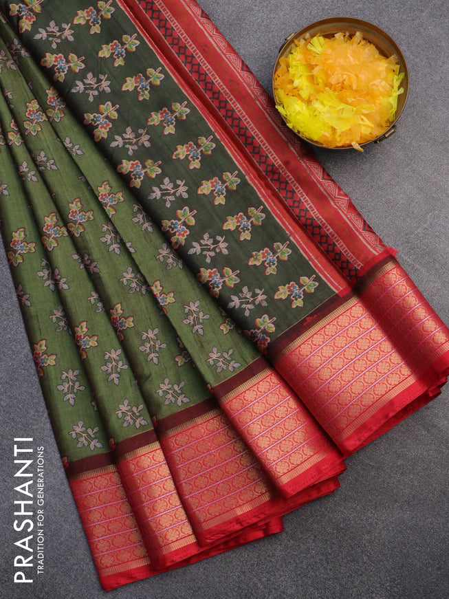 Semi kanchipuram silk saree green and red with allover butta digital prints and zari woven border