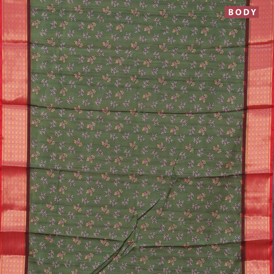 Semi kanchipuram silk saree green and red with allover butta digital prints and zari woven border