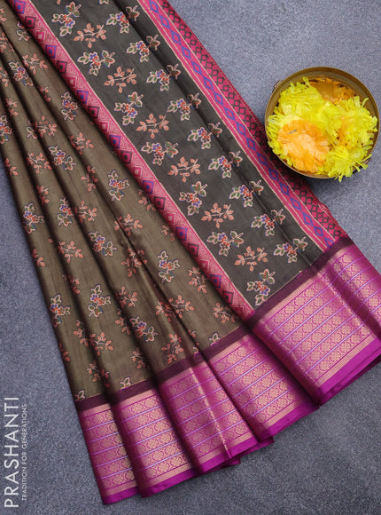 Semi kanchipuram silk saree sap green shade and purple with allover butta digital prints and zari woven border