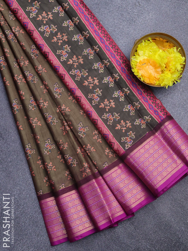 Semi kanchipuram silk saree sap green shade and purple with allover butta digital prints and zari woven border