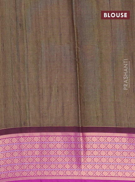 Semi kanchipuram silk saree sap green shade and purple with allover butta digital prints and zari woven border