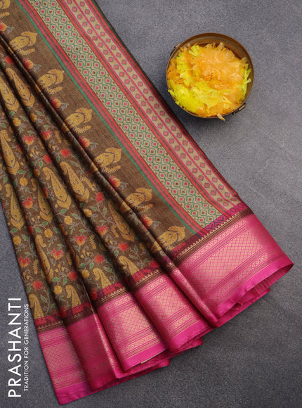 Semi kanchipuram silk saree brown shade and pink with allover digital prints and zari woven border