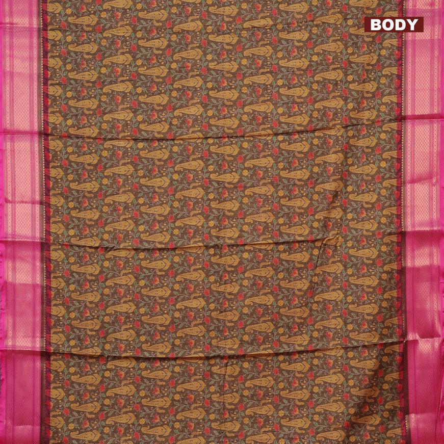 Semi kanchipuram silk saree brown shade and pink with allover digital prints and zari woven border