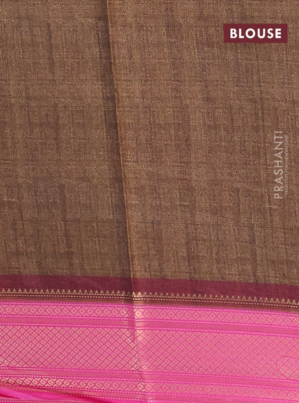 Semi kanchipuram silk saree brown shade and pink with allover digital prints and zari woven border