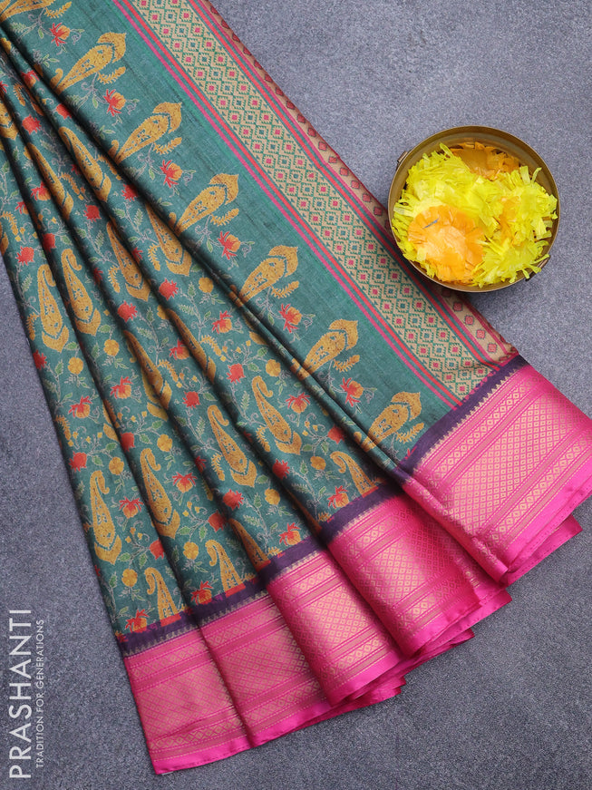 Semi kanchipuram silk saree green and pink with allover digital prints and zari woven border