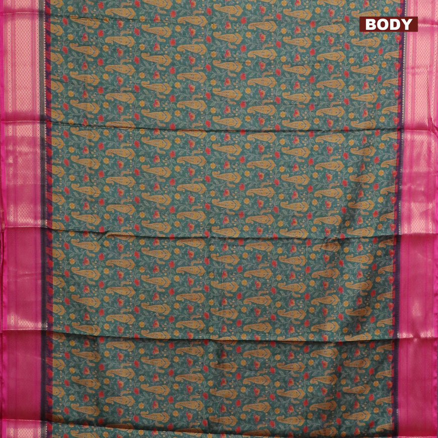 Semi kanchipuram silk saree green and pink with allover digital prints and zari woven border