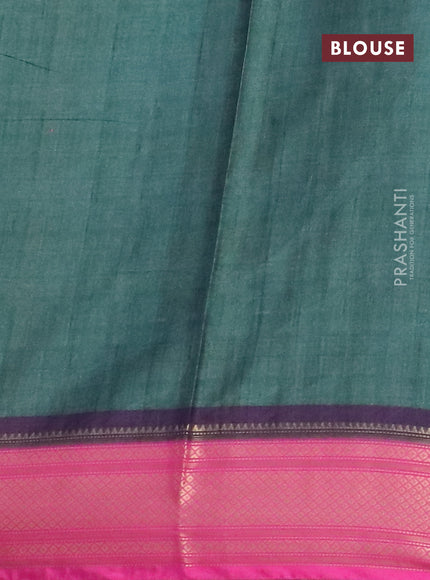 Semi kanchipuram silk saree green and pink with allover digital prints and zari woven border