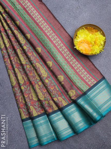 Semi kanchipuram silk saree brown and teal green with allover digital prints and zari woven border