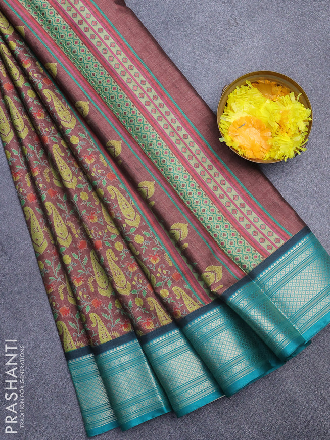 Semi kanchipuram silk saree brown and teal green with allover digital prints and zari woven border