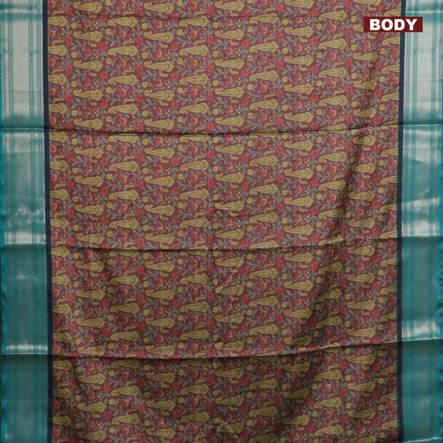 Semi kanchipuram silk saree brown and teal green with allover digital prints and zari woven border