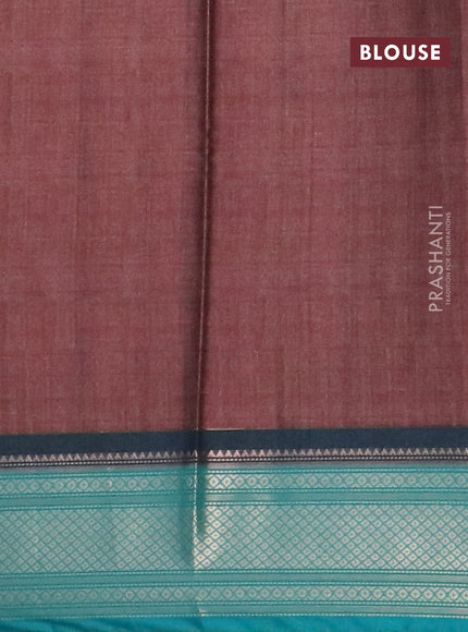 Semi kanchipuram silk saree brown and teal green with allover digital prints and zari woven border