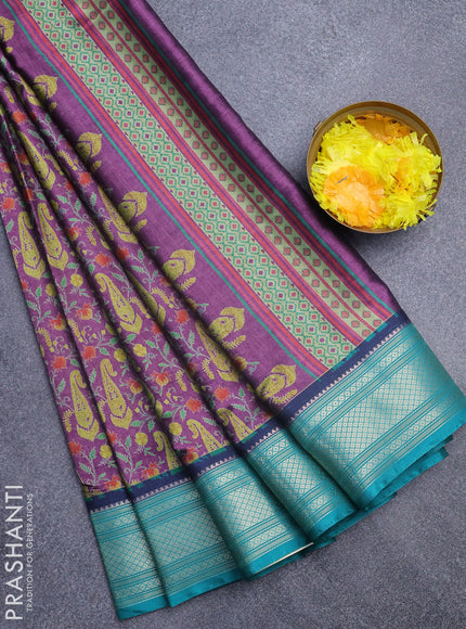 Semi kanchipuram silk saree purple and teal green with allover digital prints and zari woven border