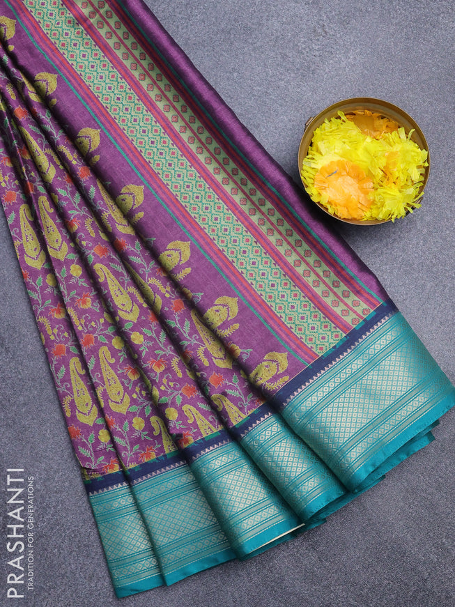 Semi kanchipuram silk saree purple and teal green with allover digital prints and zari woven border