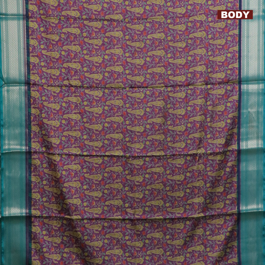 Semi kanchipuram silk saree purple and teal green with allover digital prints and zari woven border