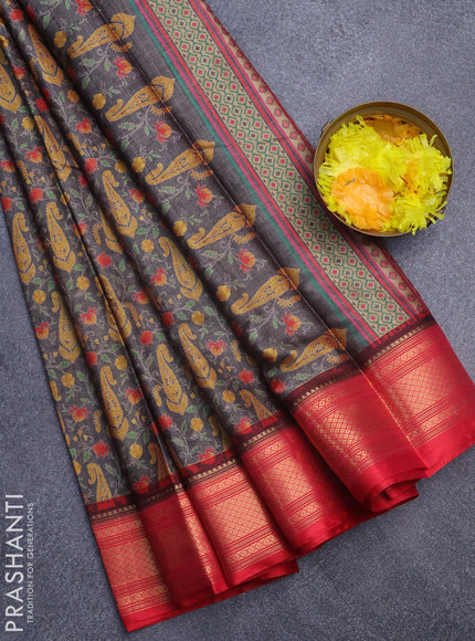 Semi kanchipuram silk saree dark grey and red with allover digital prints and zari woven border