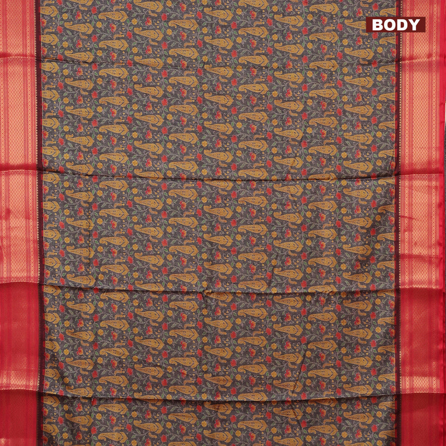 Semi kanchipuram silk saree dark grey and red with allover digital prints and zari woven border