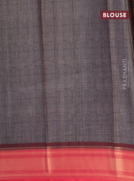 Semi kanchipuram silk saree dark grey and red with allover digital prints and zari woven border