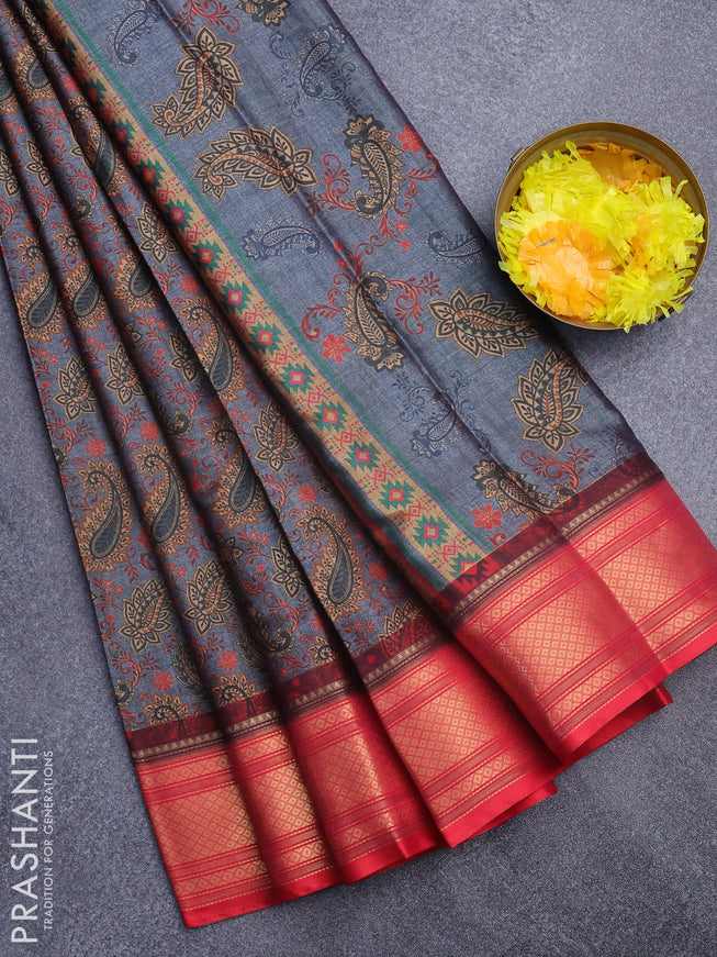 Semi kanchipuram silk saree grey and red with allover digital prints and zari woven border