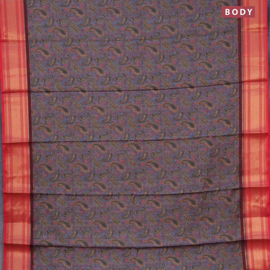 Semi kanchipuram silk saree grey and red with allover digital prints and zari woven border