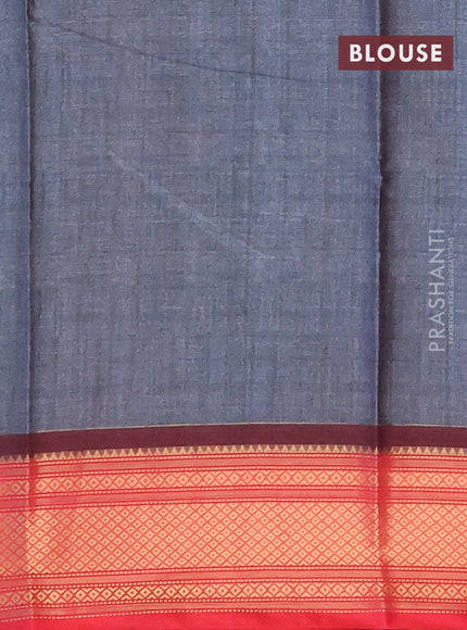 Semi kanchipuram silk saree grey and red with allover digital prints and zari woven border