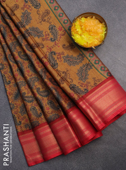 Semi kanchipuram silk saree mustard shade and red with allover digital prints and zari woven border