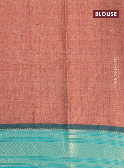 Semi kanchipuram silk saree rust shade and teal green with allover digital prints and zari woven border