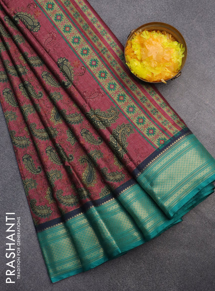 Semi kanchipuram silk saree maroon shade and green with allover digital prints and zari woven border