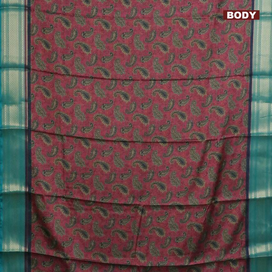 Semi kanchipuram silk saree maroon shade and green with allover digital prints and zari woven border