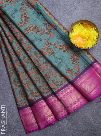 Semi kanchipuram silk saree green shade and purple with allover digital prints and zari woven border