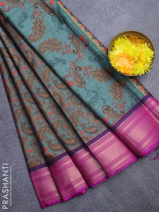 Semi kanchipuram silk saree green shade and purple with allover digital prints and zari woven border