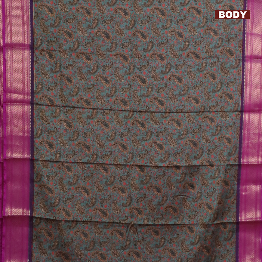 Semi kanchipuram silk saree green shade and purple with allover digital prints and zari woven border