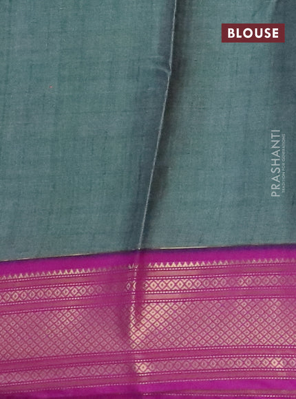 Semi kanchipuram silk saree green shade and purple with allover digital prints and zari woven border